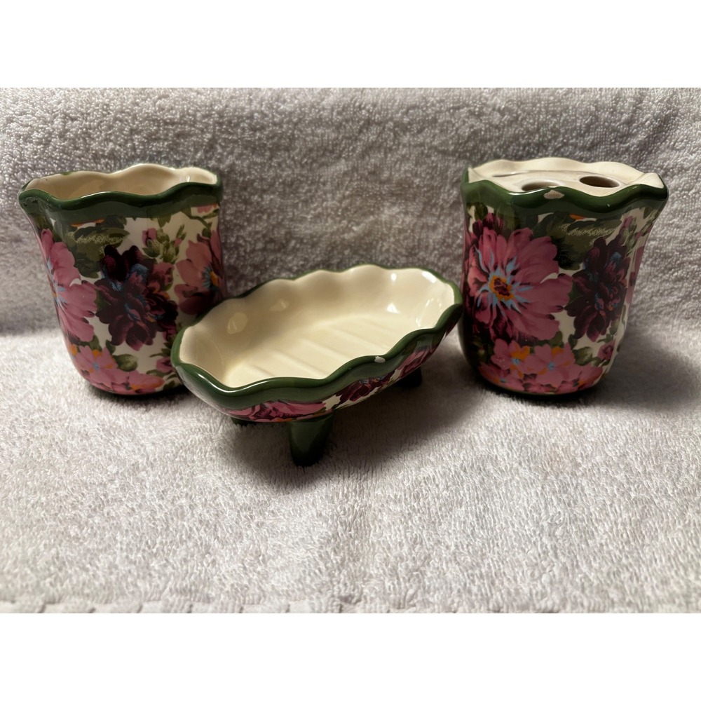 Floral Ceramic Bathroom Set Soap Dish Toothbrush Holder Tumbler Pink Green 3pc
